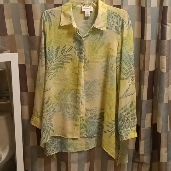 peck & peck green multi-colored sheer long sleeve flared hem blouse Size Large - Picture 2 of 3